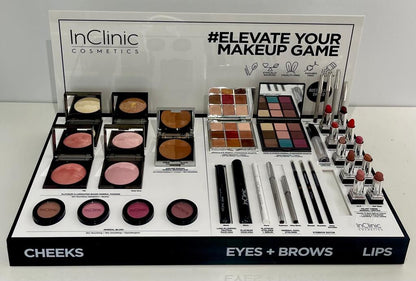 INCLINIC DISPLAY CHEEK, EYES + BROWS & LIPS 3 VERKOOP 1 GRATIS TESTER