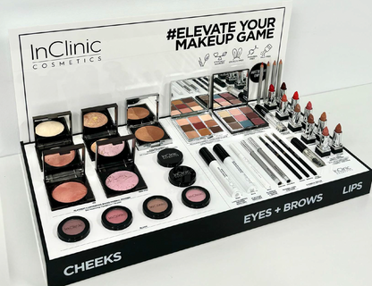 INCLINIC DISPLAY CHEEK, EYES + BROWS & LIPS 3 VERKOOP 1 GRATIS TESTER