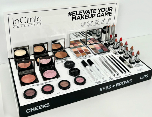 INCLINIC DISPLAY CHEEK, EYES + BROWS & LIPS 3 VERKOOP 1 GRATIS TESTER